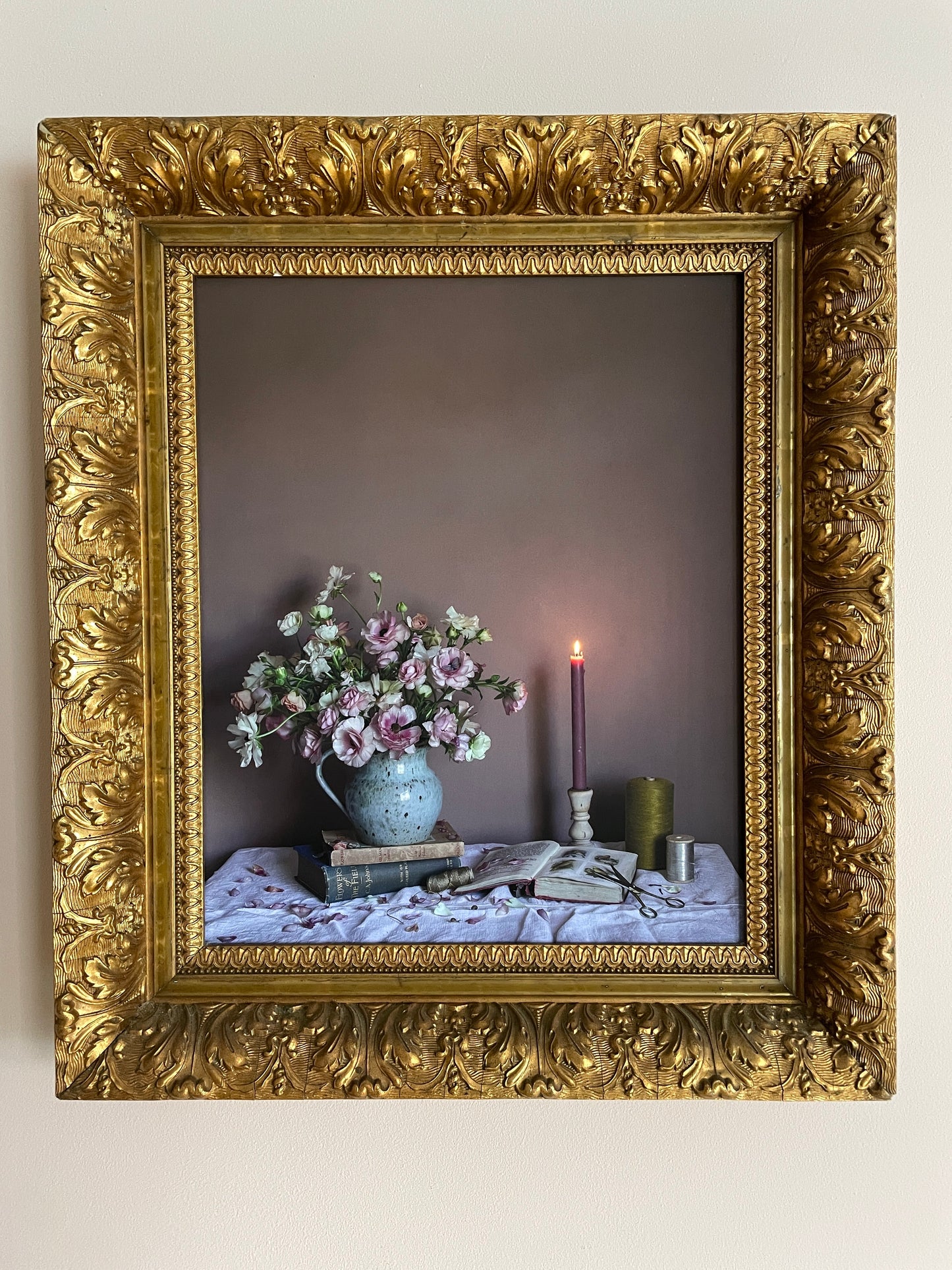 Floral art print of ranunculus and thread by Emma Harris framed in vintage gold frame