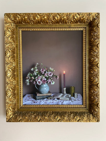 Floral art print of ranunculus and thread by Emma Harris framed in vintage gold frame