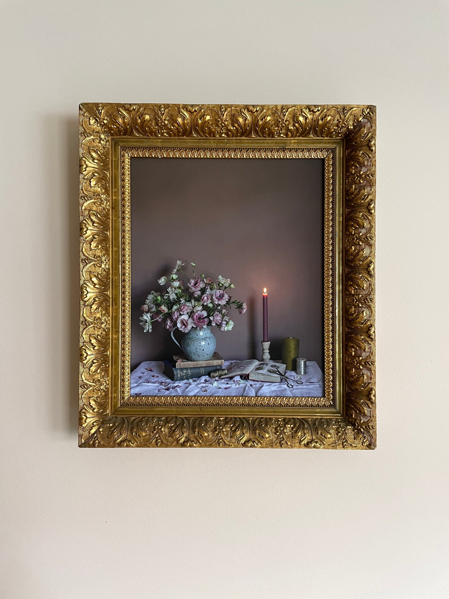 Floral art print of ranunculus by Emma Harris framed in vintage frame