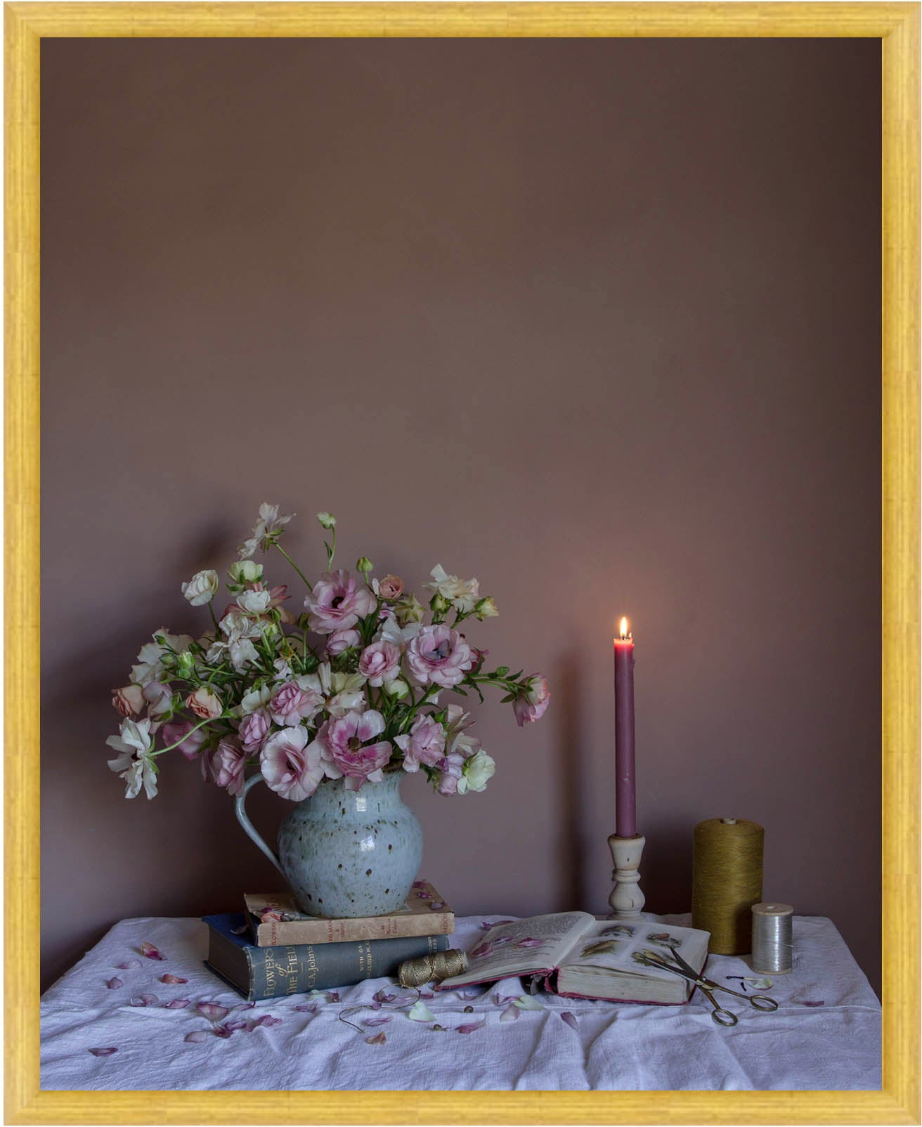 Ranunculus & Thread Limited Edition Floral Art Print by Emma Harris show in gold frame
