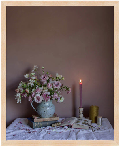 Ranunculus & Thread Limited Edition Floral Art Print by Emma Harris shown in oak frame