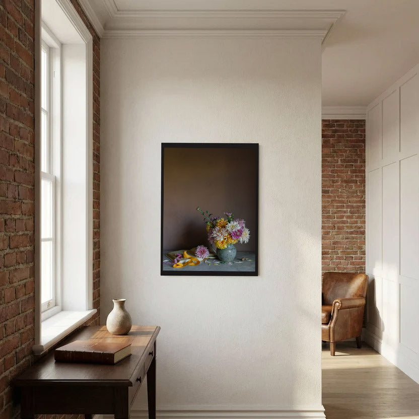 Still life floral art print of November birth month flower chrysanthemums by Emma Harris shown in a white room