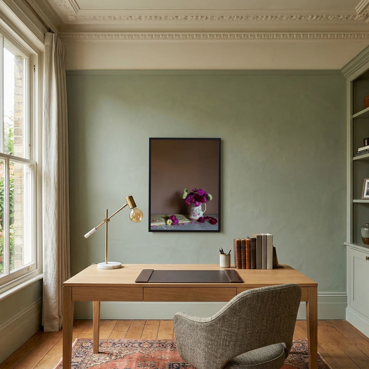 Room showing a still-life flower art print of september birth month flower of asters by photographer Emma Harris